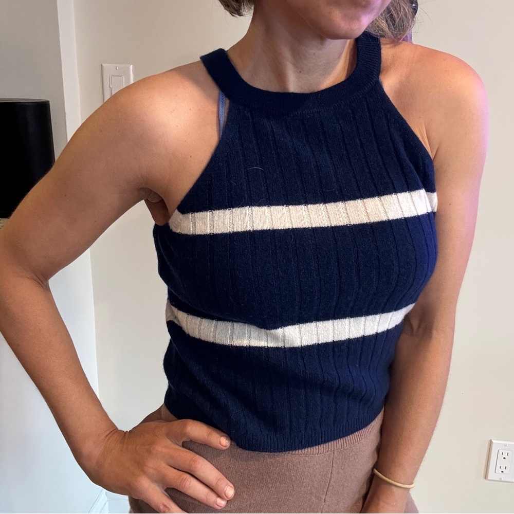 Navy Blue and White Ribbed Fitted Tank Top